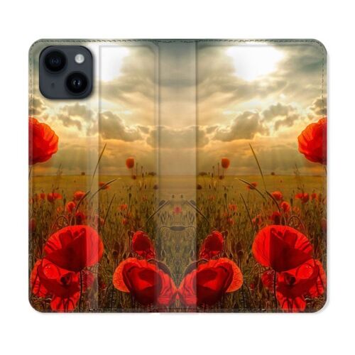 Housse Cuir Portefeuille Pour Iphone 15 Plus (6,7) Fleur Coquelicot