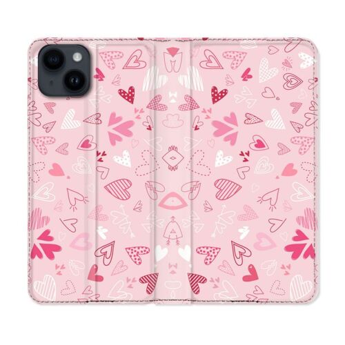 Housse Cuir Portefeuille Pour Iphone 15 Plus (6,7) Amour Ptis Coeurs