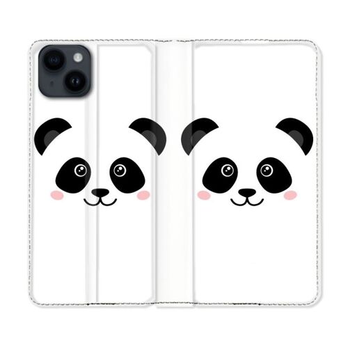 Housse Cuir Portefeuille Pour Iphone 15 Plus (6,7) Animal Panda Blanc