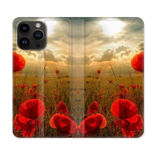 Housse Cuir Portefeuille Pour Iphone 15 Pro (6,1) Fleur Coquelicot