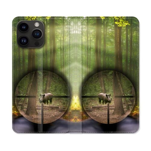 Housse Cuir Portefeuille Pour Iphone 15 Pro (6,1) Chasse Sanglier Viseur
