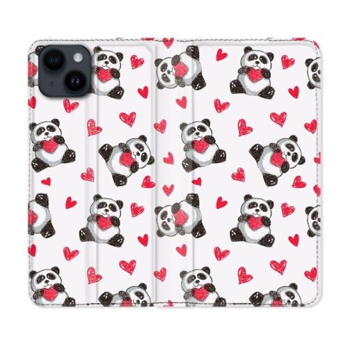 Housse Cuir Portefeuille Pour Iphone 15 (6,1) Animal Panda Coeur