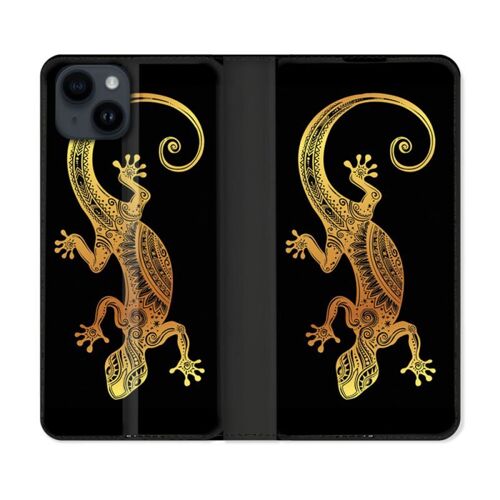 Housse Cuir Portefeuille Pour Iphone 15 (6,1) Animal Lezard Noir
