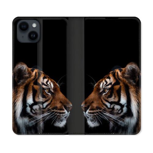 Housse Cuir Portefeuille Pour Iphone 15 (6,1) Animal Tigre Noir