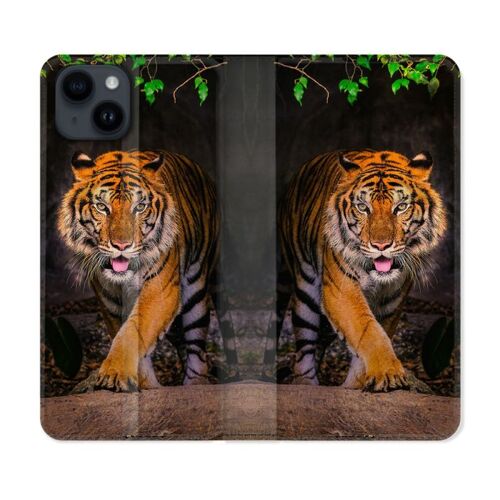 Housse Cuir Portefeuille Pour Iphone 15 (6,1) Animal Tigre Jungle