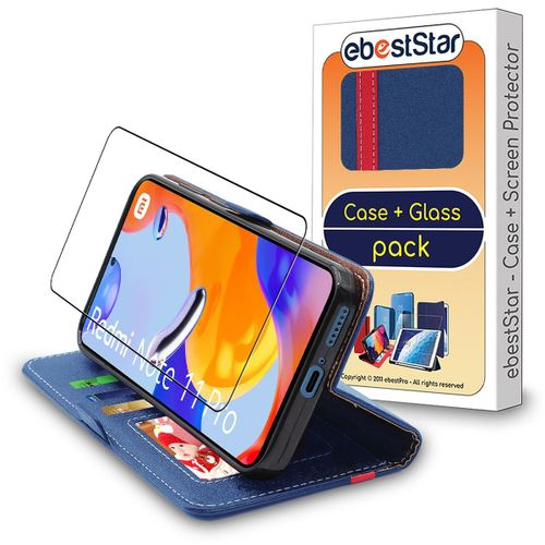 Ebeststar - Coque + Film Vitre En Verre Trempé Pour Xiaomi Redmi Note 11 Pro, 5g Etui Portefeuille Pu Cuir Porte-Cartes, Bleu Foncé / Rouge [Dimensions Precises Smartphone : 164.19 X 76.1 X 8.12 Mm, Écran 6.7''] [Nb: Lire Description]