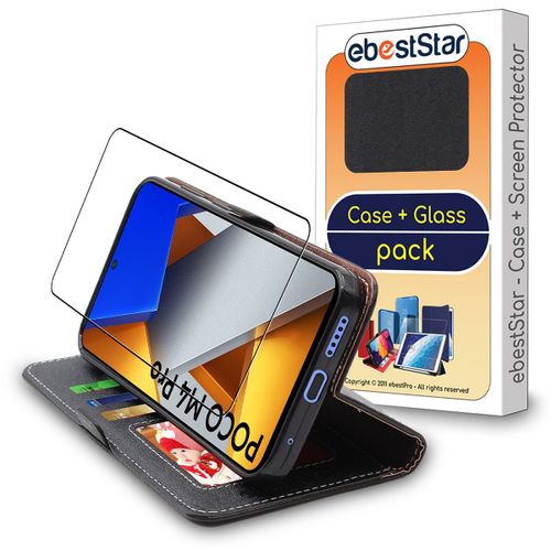 Ebeststar - Coque + Film Vitre En Verre Trempé Pour Xiaomi Poco M4 Pro 4g Etui Portefeuille Pu Cuir Porte-Cartes, Noir [Dimensions Precises Smartphone : 159.87 X 73.87 X 8.09 Mm, Écran 6.4''] [Nb: Lire Description]