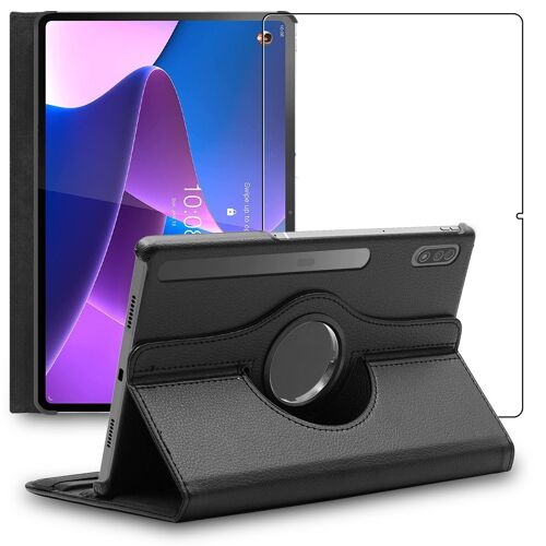 Ebeststar - Housse + Film Vitre En Verre Trempé Pour Lenovo Tab P12 Pro Coque Etui Protection Pu Cuir, Noir [Dimensions Precises Tablette : 285.6 X 184.5 X 5.6 Mm, Écran 12.6'']
