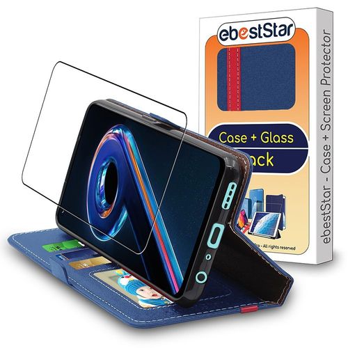 Ebeststar - Coque + Film Vitre En Verre Trempé Pour Realme 9 Pro+ Pro Plus Etui Portefeuille Pu Cuir Porte-Cartes, Bleu Foncé / Rouge [Dimensions Precises Smartphone : 160.2 X 73.3 X 7.99 Mm, Écran 6.4''] [Nb: Lire Description]