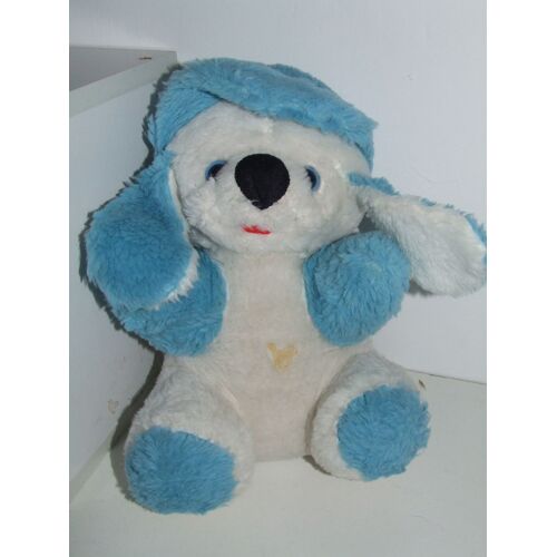 Chien Casquette Bleu Turquoise Blanc Ancien Vintage Doudou 30 Cm