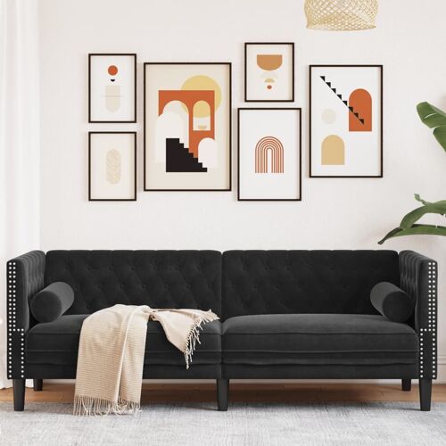 vidaXL Canapé Chesterfield avec traversins 3 places noir velours