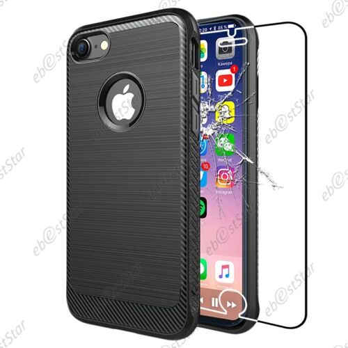 ebestStar ® pour Apple iPhone 8 Plus écran 5,5" - Coque Luxe Motif Fibre de Carbone Rebords Renforcés Etui Housse Silicone Gel + Film en Verre Trempé, Couleur Noir [Dimensions PRECISES de votre appareil : 158.4 x 78.1 x 7.5 mm, écran 5.5'']