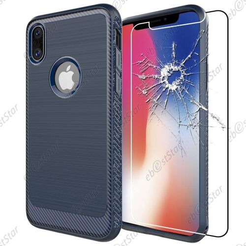 ebestStar ® pour Apple iPhone X écran 5.8", iPhone 10 - Coque Luxe Motif Fibre de Carbone Rebords Renforcés Etui Housse Silicone Gel + Film en Verre Trempé, Couleur Bleu Foncé