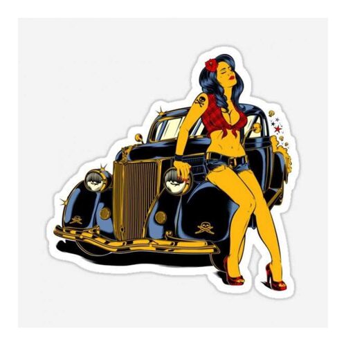 Sticker Fin Hot Rod Noir Et Pin Up En Short Et Haut A Carreaux 7x6.5 Cm Autocollant David Vicente
