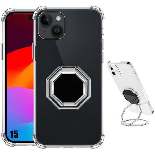 Coque Pour Iphone 15 Silicone Transparent Antichoc Avec Support Métal Octogonal - E.F.Connection