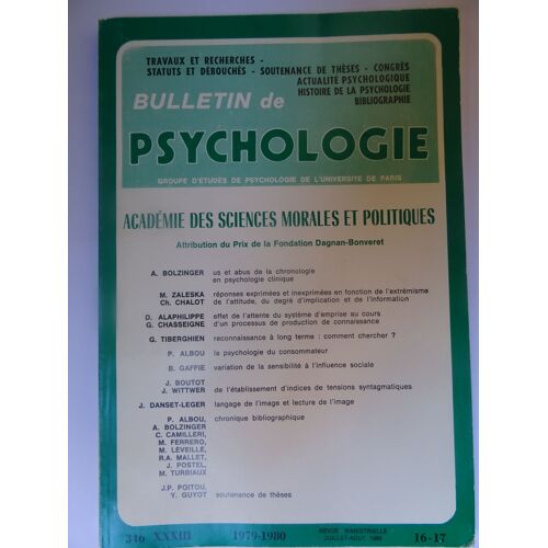 Bulletin De Psychologie N° 346 Tome Xxxiii