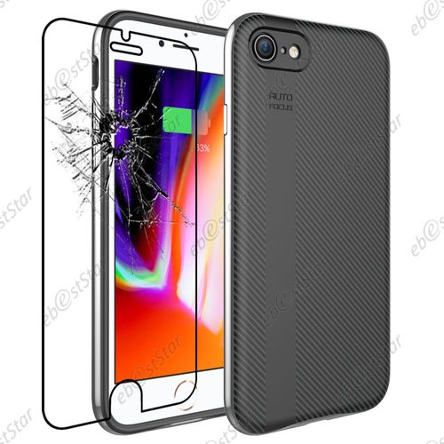 Ebeststar ® Pour Apple Iphone 7 Plus (2016), Iphone 8 Plus (2017) 5,5" - Coque Motif Carbone Ligne Droite Etui Housse Luxe Souple Silicone Gel + Film En Verre Trempé, Couleur Noir / Gris