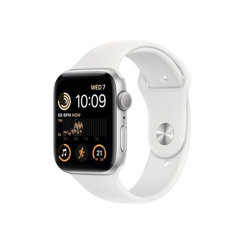 Apple Watch SE (GPS) - 2e génération - 44 mm - aluminium argenté - Montre connectée avec bracelet sport - fluoroélastomère - blanc - taille du bracelet : Normal - 32 Go - Wi-Fi, Bluetooth - 32.9...