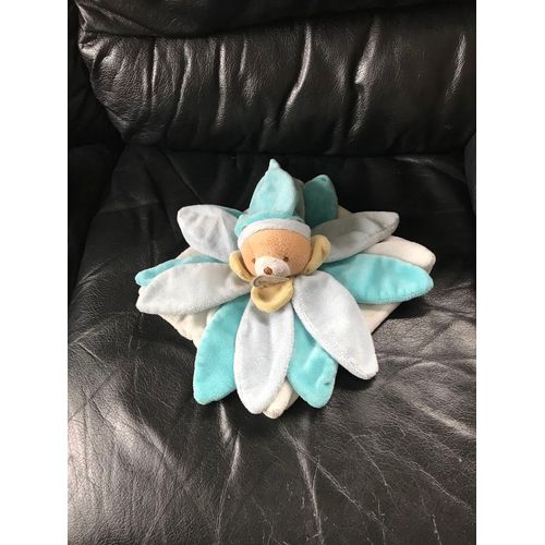Doudou Plat Ours Doudou Et Compagnie Pétale Fleur Bleu 21 Cm