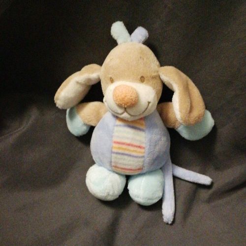 Doudou Chien Bleu Beige Ventre Rayé Pouet Nattou