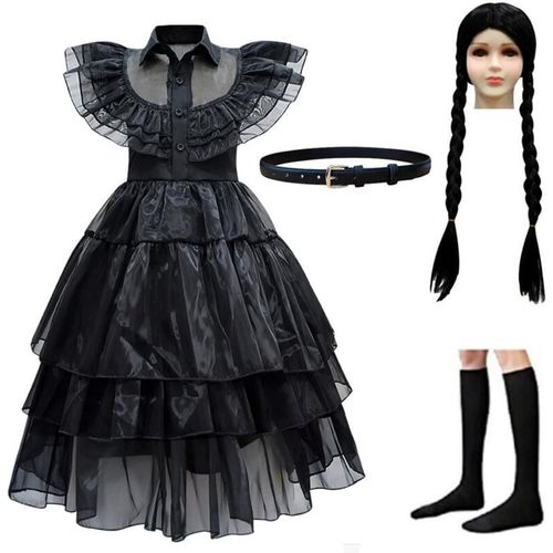 Costume De Mercredi Addams Pour Enfants, Filles, Costumes D'halloween, Tenue De Fête Avec Perruque, Ceinture Et Chaussettes, 8 À 9 Ans.