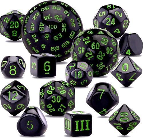 15 Pièces Dés Polyédriques D3-D100 Ensemble De Dés Polyédriques Jeu De Dés Pour Dnd Rpg, Noir Et Vert