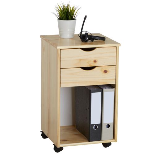 Caisson De Bureau Kano, Meuble De Rangement Sur Roulettes Avec 2 Tiroirs Et 1 Niche, En Pin Massif Naturel