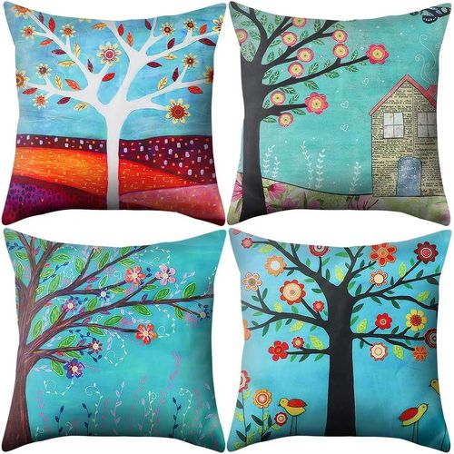 Lot De 4 Housse De Coussin En Coton Et Lin Carré Décoratif Taie D'oreiller Pour Chambre Salon Bureau Voiture Canapé 45 X 45 Cm