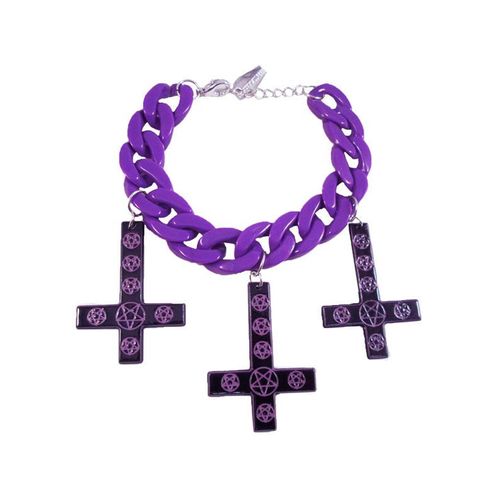 Bracelet Chaîne Violette Avec 3 Pendentifs Noirs Croix