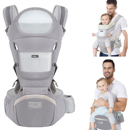 Porte Bébé Ergonomique Avec Siège À Hanche/ Respirant / Multiposition : Dorsaux, Réglable Pour Nouveau-Né Et Petit Enfant De 3 À 48 Mois (3,5 À 20 Kg) Gris