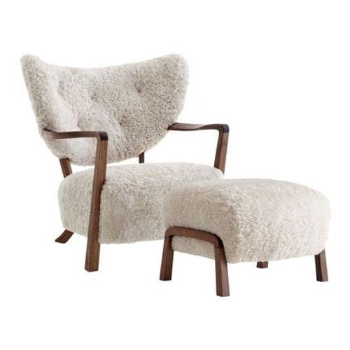 Andtradition - Fauteuil Wulff Atd2 & Pouf Atd3 - Sheepskin Moonlight - Noyer Huilé - Beige