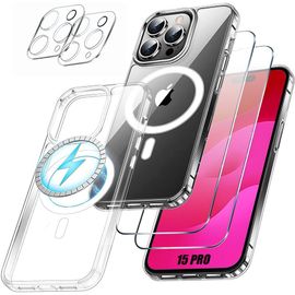 Coque pour iPhone 15 Pro avec Anneau Magnétique + 2 Vitres Verre Trempé + 2 Vitres Caméra Arrière