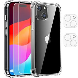 Coque pour iPhone 15 Silicone Antichoc + 2 Verres Trempés et 2 Vitres Caméra Arrière Transparent