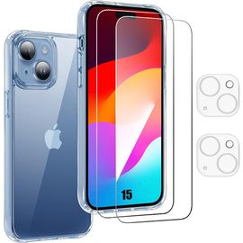 Coque pour iPhone 15 Protection Silicone Ultra Slim avec 2 Verres Trempés et 2 Vitres Caméra Arrière