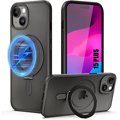 Coque pour iPhone 15 Plus, Bumper Antichoc Rigide avec Support Magnétique Ajustable - Noir