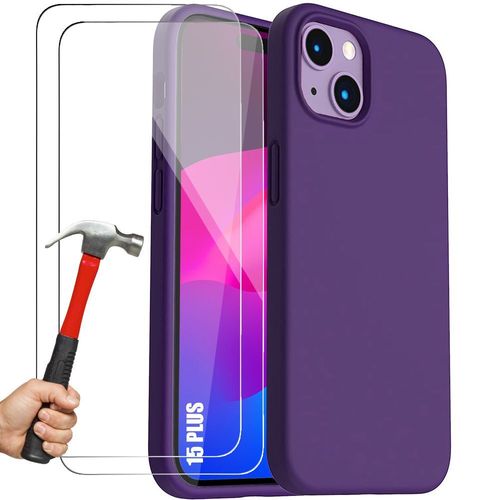 Coque Silicone Pour Iphone 15 Plus Avec 2 Verres Trempés, Protection Anti-Rayures Antichoc Violet Foncé