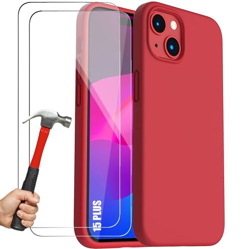 Coque Pour Iphone 15 Plus - Housse Protection Silicone Liquide Rouge Avec 2 Verres Trempés