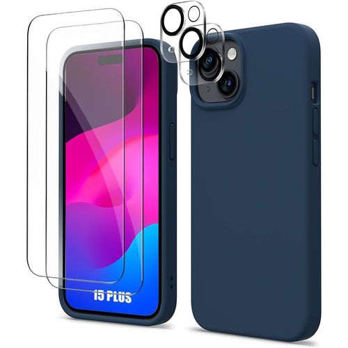 Coque Pour Iphone 15 Plus - Protection Tpu Bleu Marine + 2 Verres Trempés Et 2 Protections Caméra Arrière