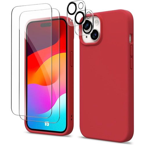 Coque Silicone Rouge pour iPhone 15 avec 2 Verres Trempés et 2 Vitres Objectif Arrière Transparents