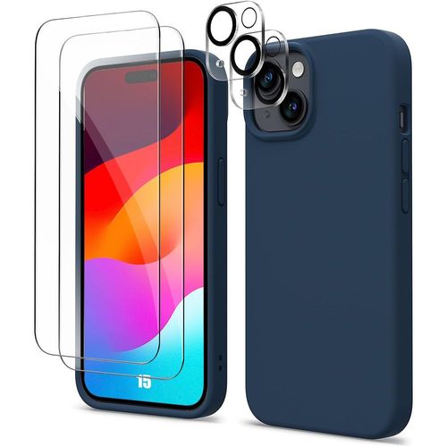 Coque Pour Iphone 15 Silicone Bleu Marine + 2 Vitres Verre Trempé Et 2 Verres Caméra Arrière
