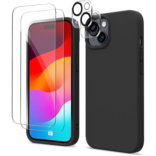 Coque Silicone Noir pour iPhone 15 avec 2 Vitres de Protection en Verre Trempé et 2 Protections Objectif Arrière