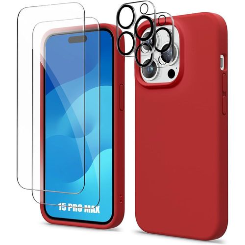 Coque Silicone Pour Iphone 15 Pro Max Rouge + 2 Vitre Ecran En Verre Trempée Et 2 Vitres Caméra Arrière