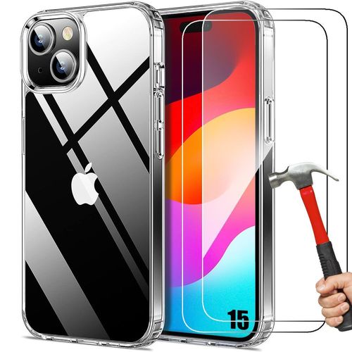Coque pour iPhone 15 avec 2 Verres Trempés Protection Silicone Ultra Slim Transparent