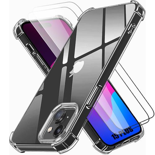 Coque Silicone pour iPhone 15 Plus - Protection Antichoc + 2 Vitres en Verre Trempé Transparent