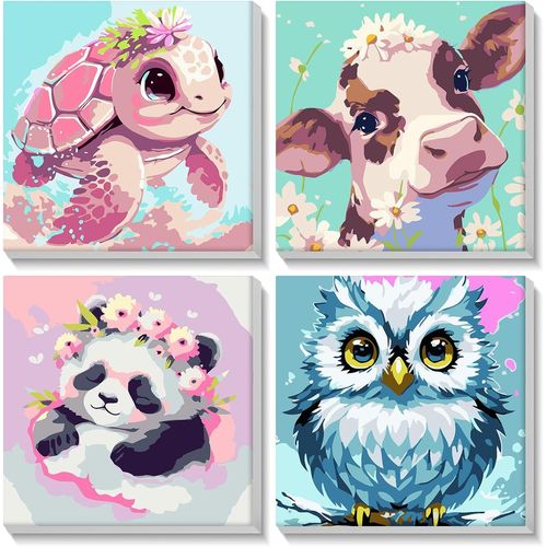 Tianyi-4 Pièces Animaux Peinture Numéro Enfants Avec Cadre, Panda Hiouf Peinture Par Numéros Pour Adultes Enfants Acryliques 20x20cm
