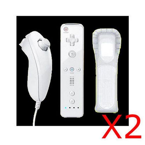 2 Paires Manette Wiimote Contrôleur + Nunchuck + Housse Silicon Pour Nintendo Wii Blanc