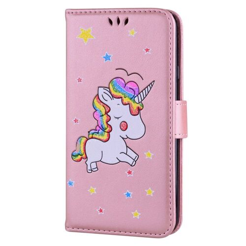 Etui rabat latéral Galaxy J3-2017 licorne et paillettes coloris rose
