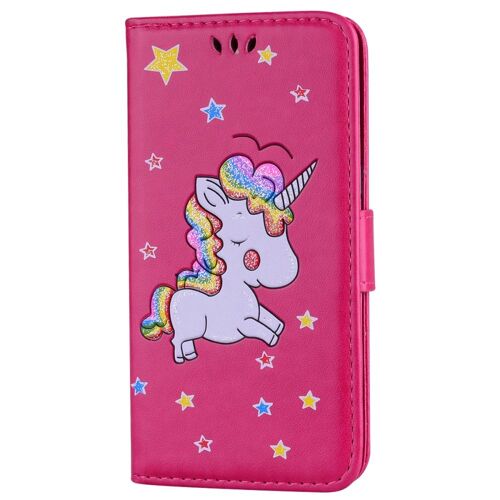 Etui rabat latéral Galaxy A3-2017 licorne et paillettes coloris fushia