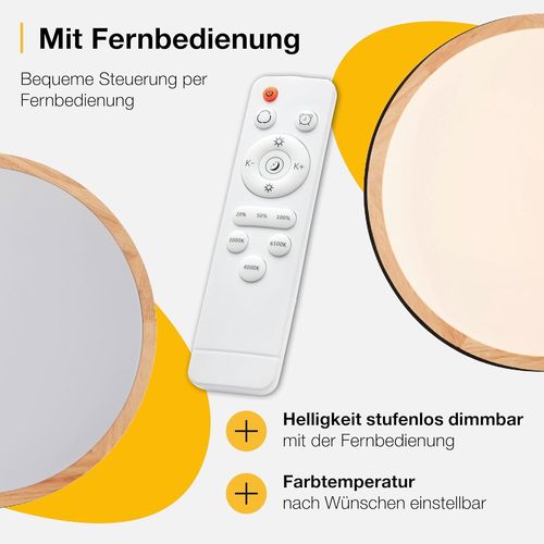 Led Applique Murale & Plafonnier Avec Télécommande & Cct (3000 K - 6500 K) & Cadre En Bois Noir Et Marron De L'hévéa | Ø 50 Cm | 36 W | 4500 Lm | En/Plastique/Métal/Bois