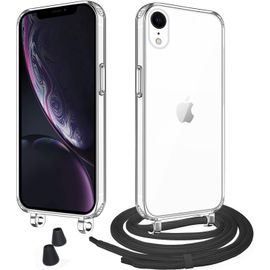 Kal-Étuis À Bandoulière Et Cordon Pour Iphone Xr Coque,Transparent Collier Réglable Téléphone Étui Portable Lanyard Case Protection Complète Cover,Noir